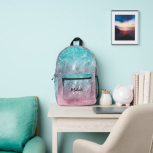 Aqua blue Pink ombre sea galaxy abstract Monogram Printed Backpack