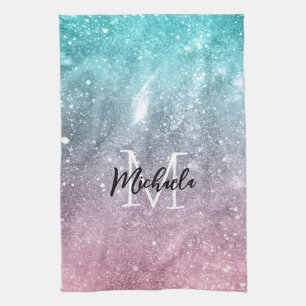 Aqua blue Pink ombre sea galaxy abstract Monogram Tea Towel