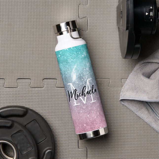 Aqua blue Pink ombre sea galaxy abstract Monogram Water Bottle (Gym)
