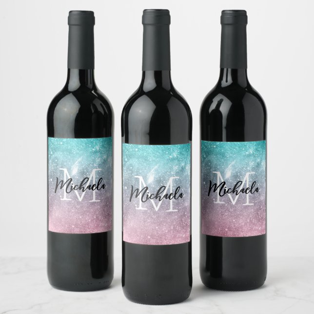 Aqua blue Pink ombre sea galaxy abstract Monogram Wine Label (Bottles)