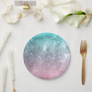 Aqua blue Pink ombre sea galaxy abstract Paper Plate