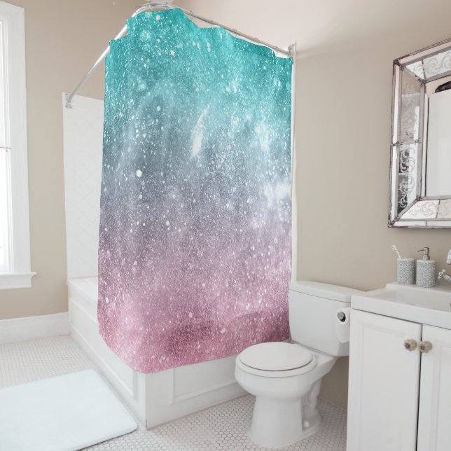 Aqua blue Pink ombre sea galaxy abstract Shower Curtain (In Situ)