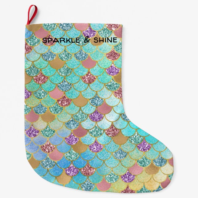 Aqua Blue Pink Purple Gold Glitter Mermaid Large Christmas Stocking (Front)