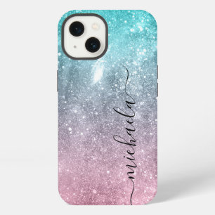 Aqua blue Pink sea galaxy abstract Monogram iPhone 13 Case