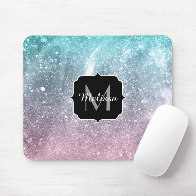 Aqua blue Pink sea galaxy abstract Monogram Mouse Pad (With Mouse)