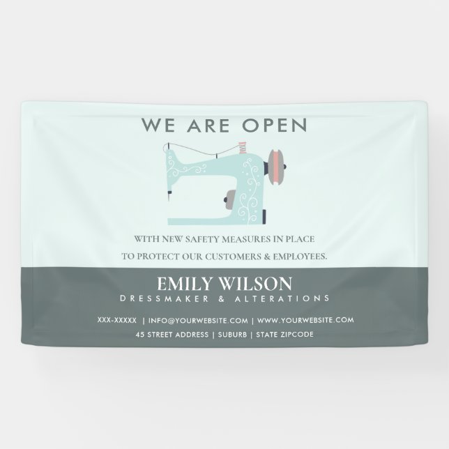 AQUA BLUE PINK SEWING MACHINE TAILOR RE OPENING BANNER (Horizontal)