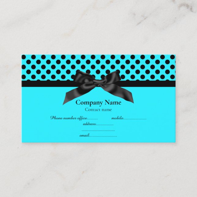 AQUA BLUE POLKA DOT BOW BUSINESS CARD 2 (Front)