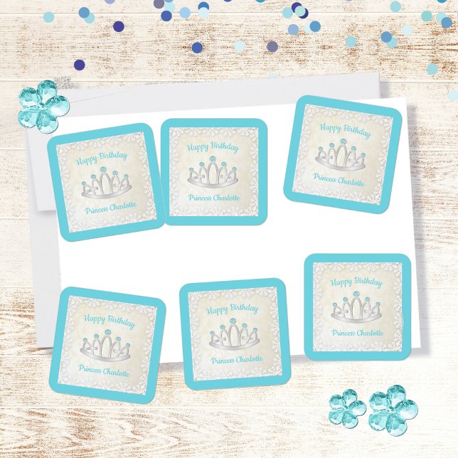 Aqua Blue Princess Tiara Birthday Party Stickers (Creator Uploaded)