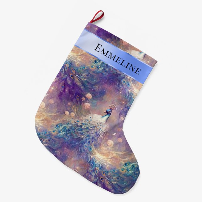 Aqua Blue Purple Floral Peacock Christmas Name Large Christmas Stocking (Front (Hanging))