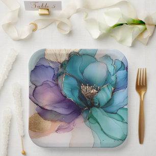 Aqua Blue Purple Gold Floral Bridal Shower Paper Plate