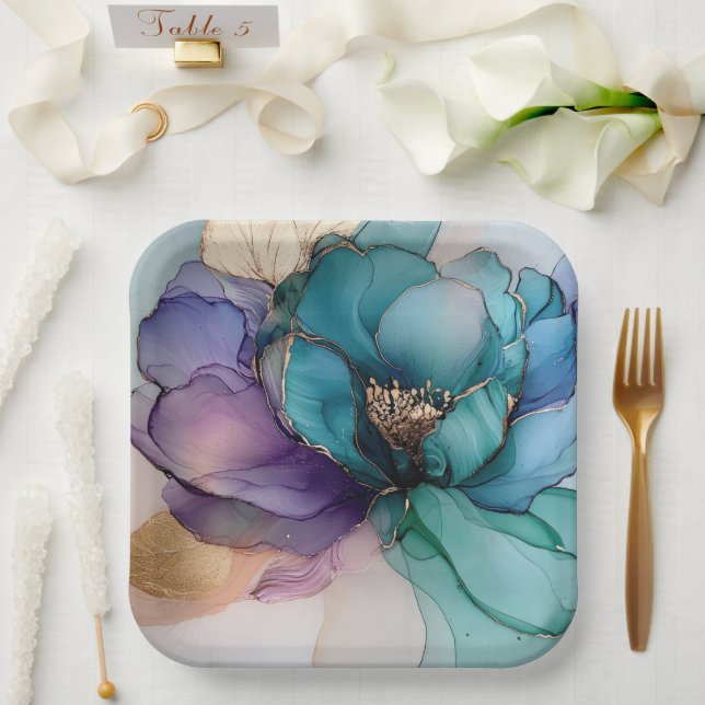 Aqua Blue Purple Gold Floral Bridal Shower Paper Plate (Wedding)
