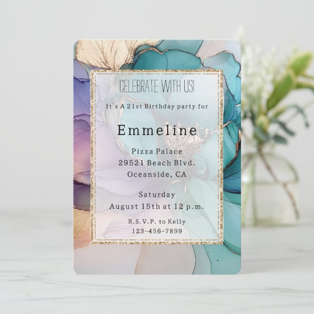 Aqua Blue Purple Gold Floral Glitter Birthday Invitation (Standing Front)