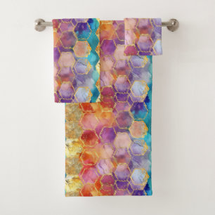 Aqua Blue Purple Green Pink Gold Honeycomb Bath Towel Set