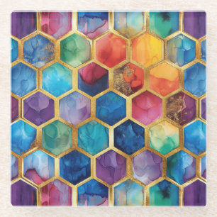 Aqua Blue Purple Green Pink Gold Honeycomb Glass Coaster