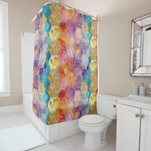 Aqua Blue Purple Green Pink Gold Honeycomb Shower Curtain