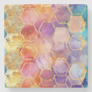 Aqua Blue Purple Green Pink Gold Honeycomb Stone Coaster