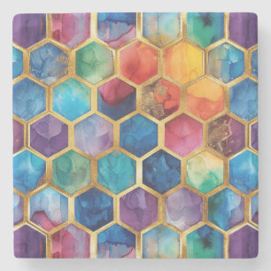 Aqua Blue Purple Green Pink Gold Honeycomb Stone Coaster