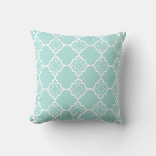Aqua Blue Quatrefoil Geometric Pattern Cushion (Front)