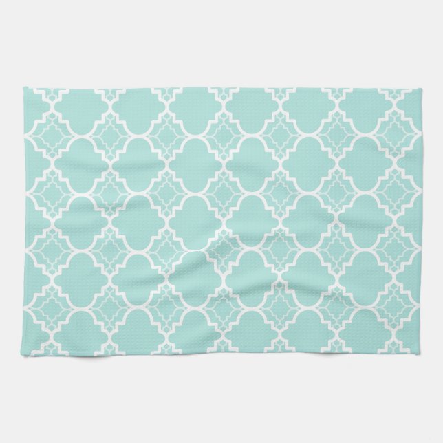 Aqua Blue Quatrefoil Geometric Pattern Tea Towel (Horizontal)