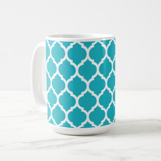 Aqua Blue Quatrefoil Pattern Coffee Mug (Front Left)