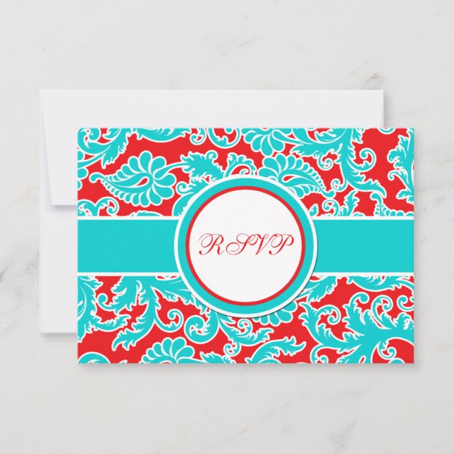 Aqua Blue, Red, White Damask RSVP Card (Front)
