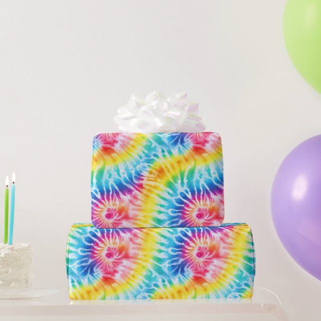 Aqua Blue Red Yellow Orange Tie Dye Birthday Wrapping Paper (Party Gifts)