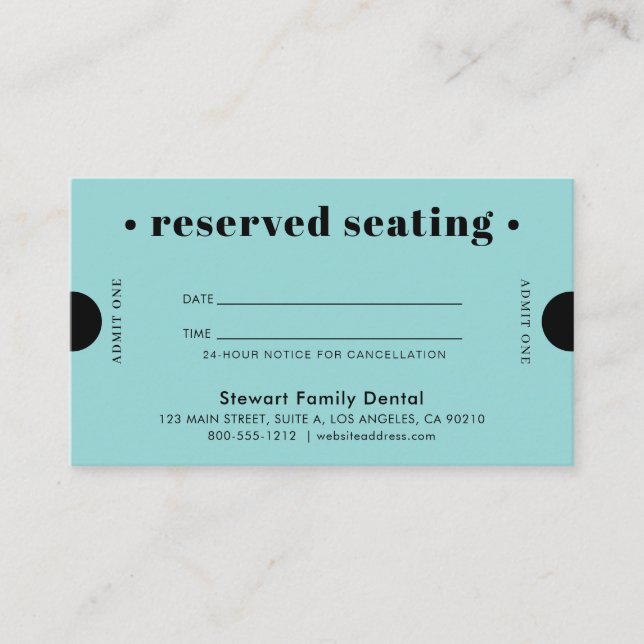 Aqua Blue Retro Reserved Seating Dental Appointment Card (Front)
