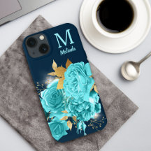 Aqua Blue Rose Sparkle Bouquet Monogram Case-Mate 