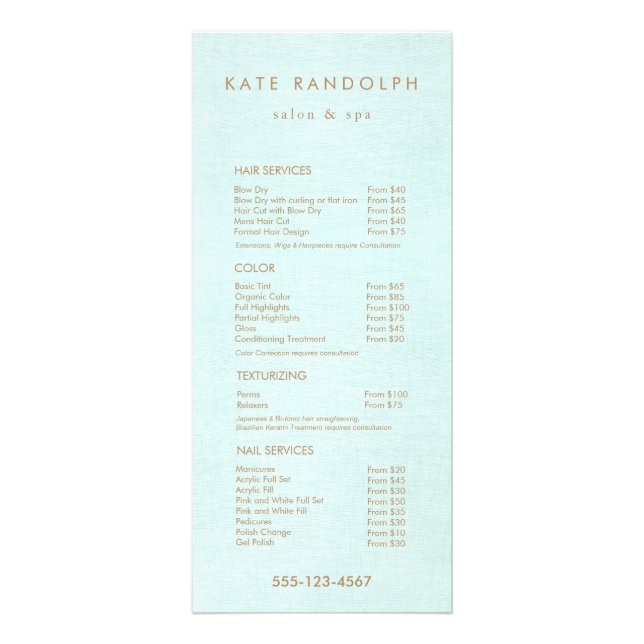 Aqua Blue Salon Spa Price List Service Menu (Front)
