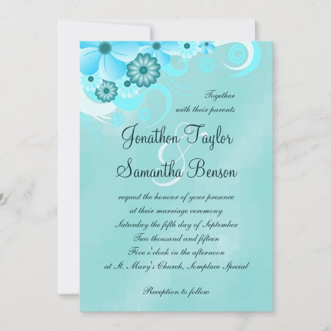 Aqua Blue Sapphire Floral Hibiscus Wedding Invites (Front)