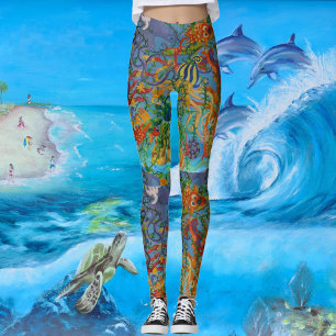 Aqua Blue Sea Abstract Art Octopus Modern Chic  Leggings