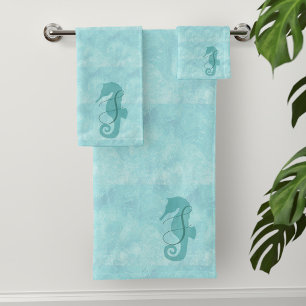 Aqua Blue Seahorse Monogram Bath Towel Set