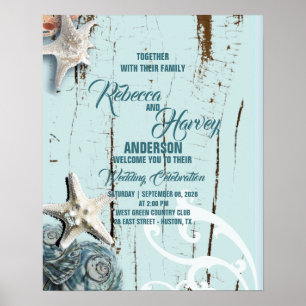 aqua blue seashell beach wedding welcome poster