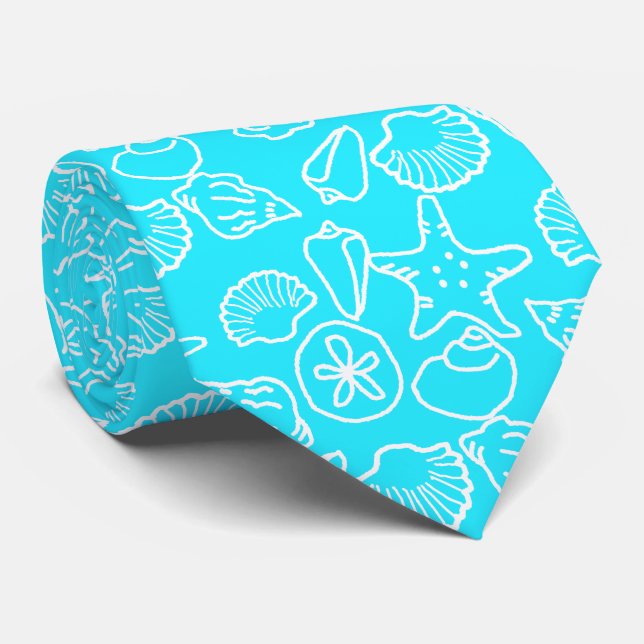 Aqua Blue Seashell Pattern Tropical Groom Tie (Rolled)