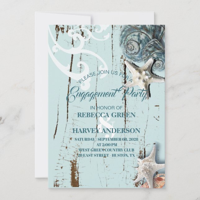 aqua blue seashell starfish beach Engagement party Invitation (Front)