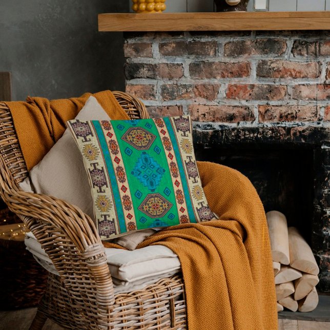 Aqua Blue Shamrock Green Vintage Turkish Kilim  Cushion (Creator Uploaded)