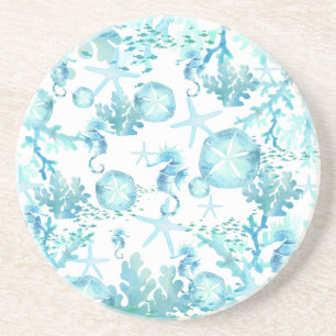 Aqua Blue Shells Seahorse Sanddollars Starfish Coaster