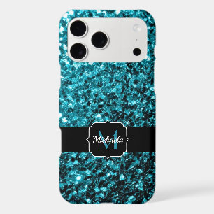 Aqua blue shiny faux glitter sparkles Monogram