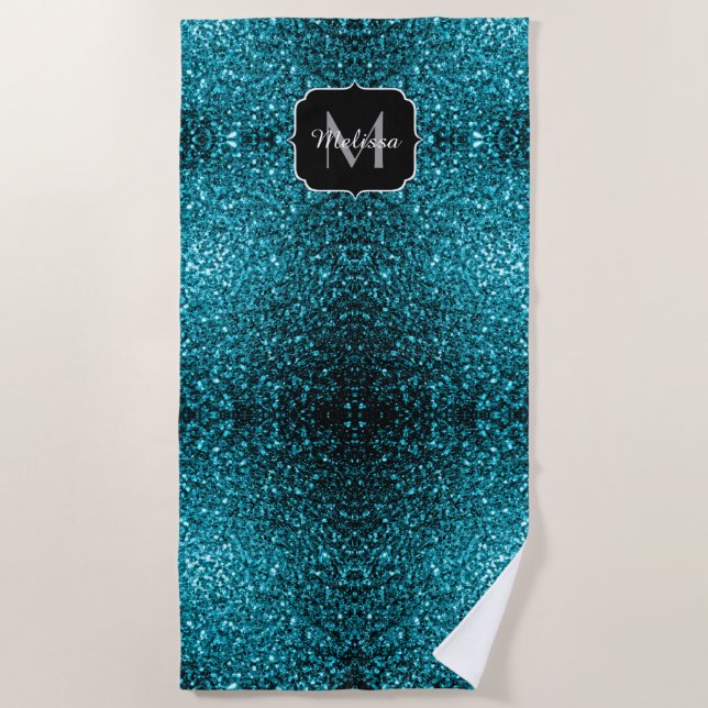 Aqua blue shiny faux glitter sparkles Monogram Beach Towel (Front)