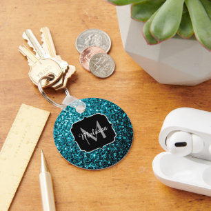 Aqua blue shiny faux glitter sparkles Monogram Key Ring