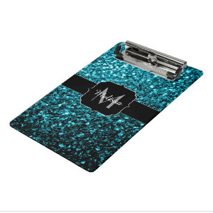 Aqua blue shiny faux glitter sparkles Monogram Mini Clipboard