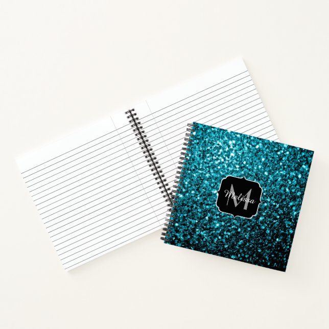 Aqua blue shiny faux glitter sparkles Monogram Notebook (Inside)
