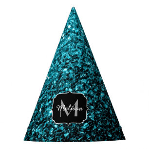 Aqua blue shiny faux glitter sparkles Monogram Party Hat