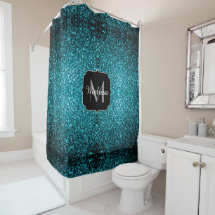 Aqua blue shiny faux glitter sparkles Monogram Shower Curtain