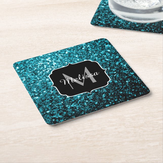 Aqua blue shiny faux glitter sparkles Monogram Square Paper Coaster (Angled)