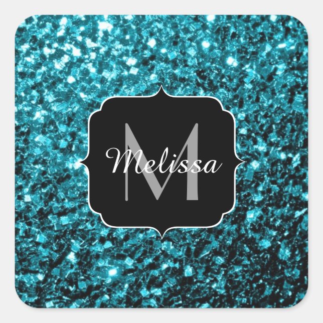 Aqua blue shiny faux glitter sparkles Monogram Square Sticker (Front)