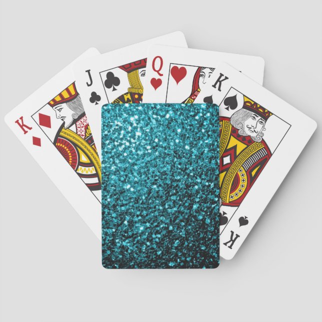 Aqua blue shiny faux glitter sparkles playing cards (Back)