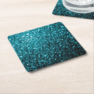 Aqua blue shiny faux glitter sparkles square paper coaster