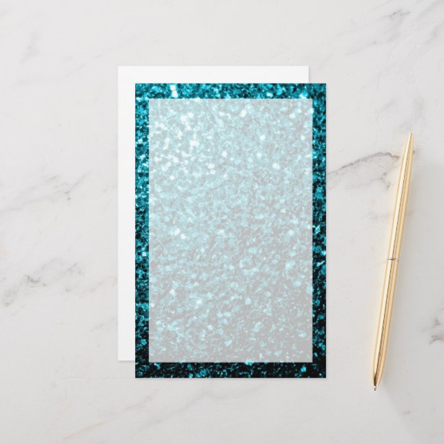 Aqua blue shiny faux glitter sparkles stationery (Front/Back In Situ)