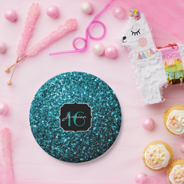 Aqua blue shiny faux glitter sparkles Sweet 16 Paper Plate (Party)